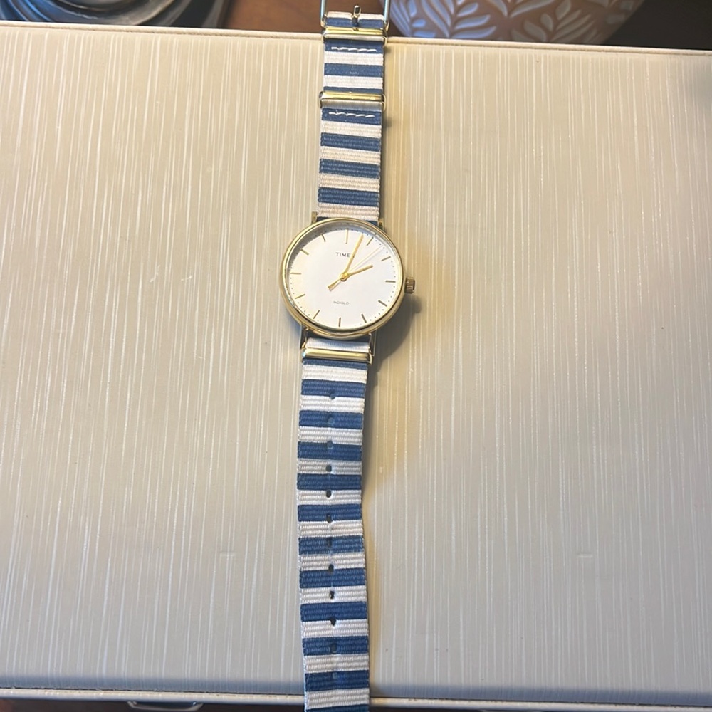 Timex blue and white striped grosgrain watch